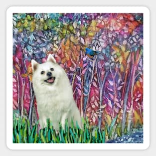 Japanese Spitz and Bluebird in "Forest in Bloom" Magnet